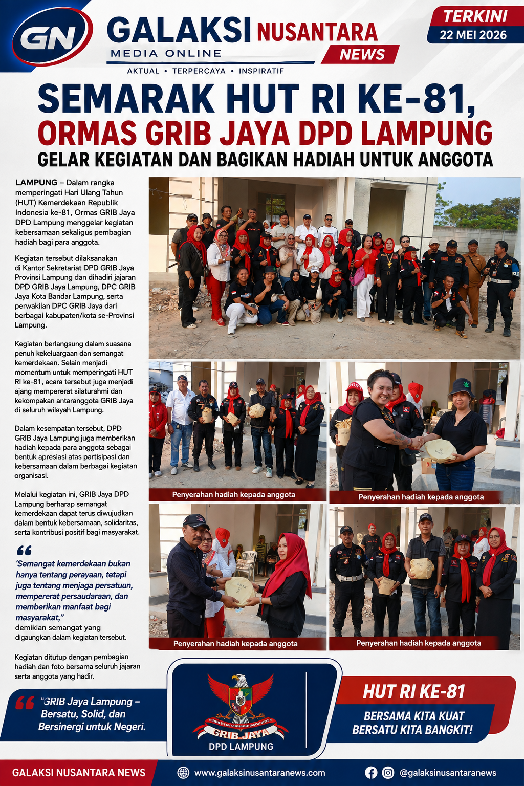 Semarak HUT RI ke-81, DPD GRIB Jaya Lampung Gelar Kegiatan dan Bagikan Hadiah untuk Anggota